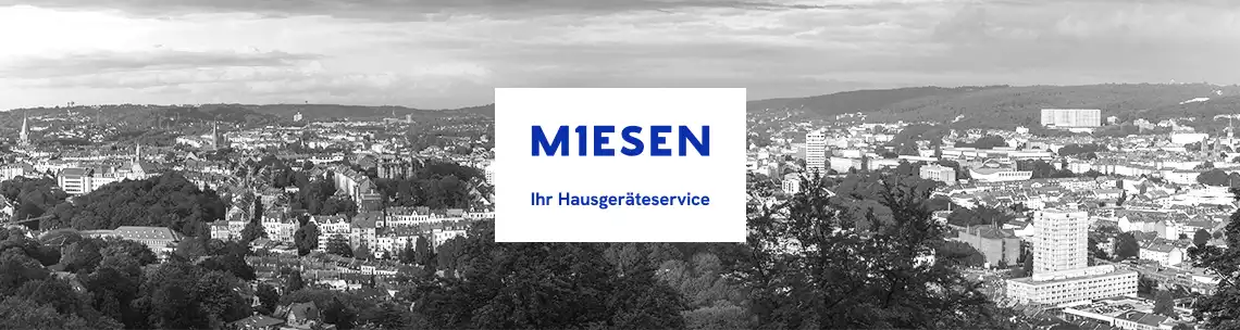 Hausgeräte Reparatur Miesen in Wuppertal, Solingen, Remscheid zeigt Bild mit Panorama auf Wuppertal und Logo der Firma Miesen.